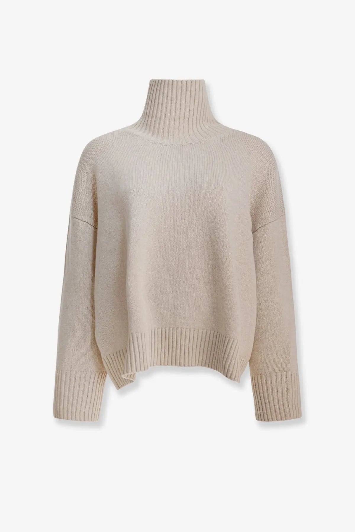 Beige ribbed merino wool turtleneck sweater with relaxed fit and cropped hem by soeur women in white