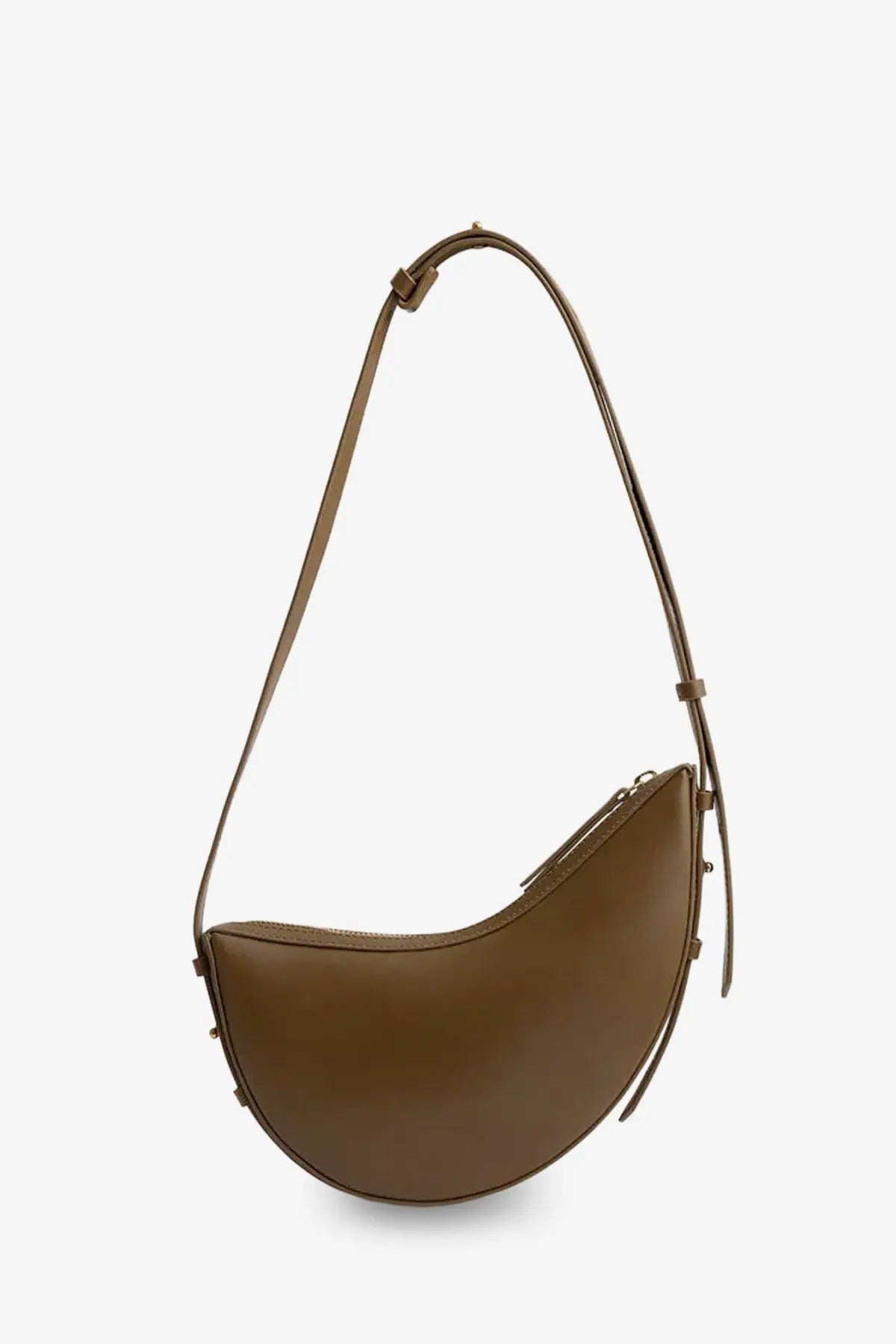 Soeur women’s wino mini caramel brown leather crescent crossbody bag with adjustable strap and metallic hardware