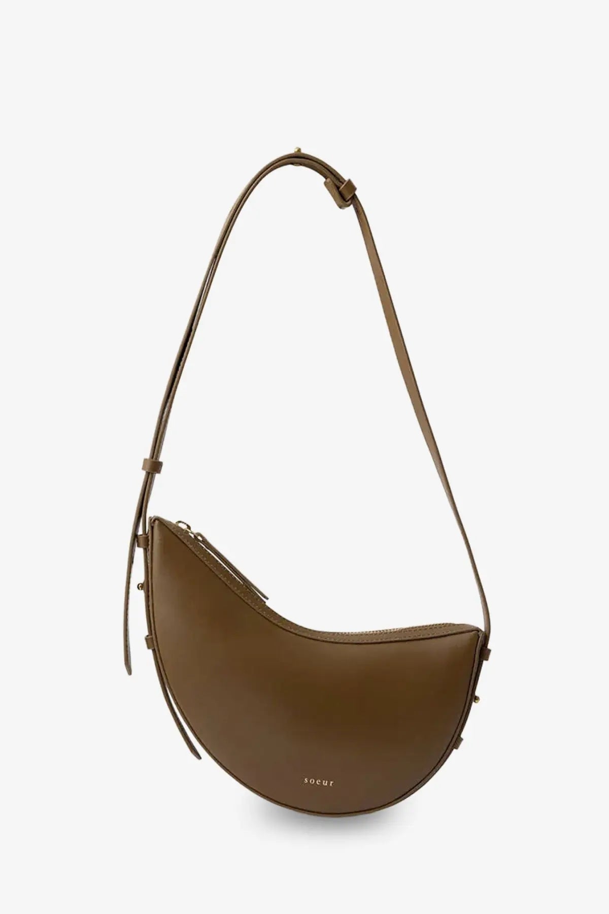 Soeur women’s wino mini leather crossbody bag in olive brown with crescent shape and adjustable strap