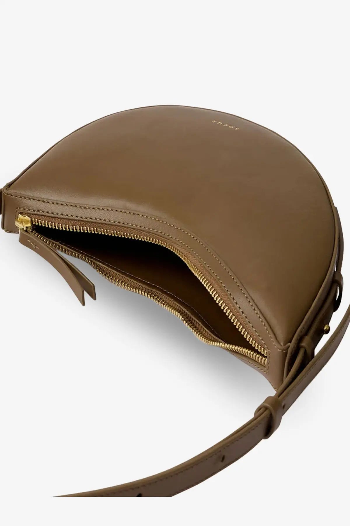 Soeur women’s wino mini crescent-shaped crossbody bag in tan leather with gold-toned zipper and matching strap