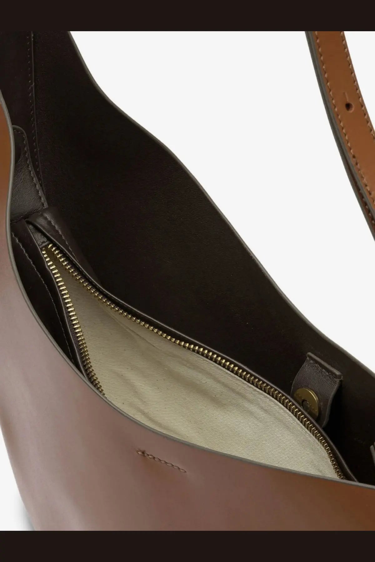Soeur women’s Winona leather crossbody bag in brown with gold-toned zipper and light beige interior lining