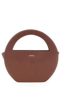 Brown circular mini edda handbag with a single top handle and gold-tone sofia branding for women