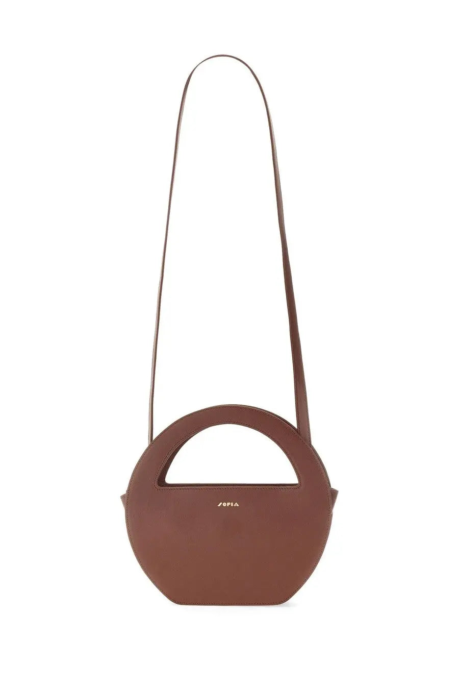 Brown leather mini edda bag with round top handle and slender shoulder strap for women by sofia