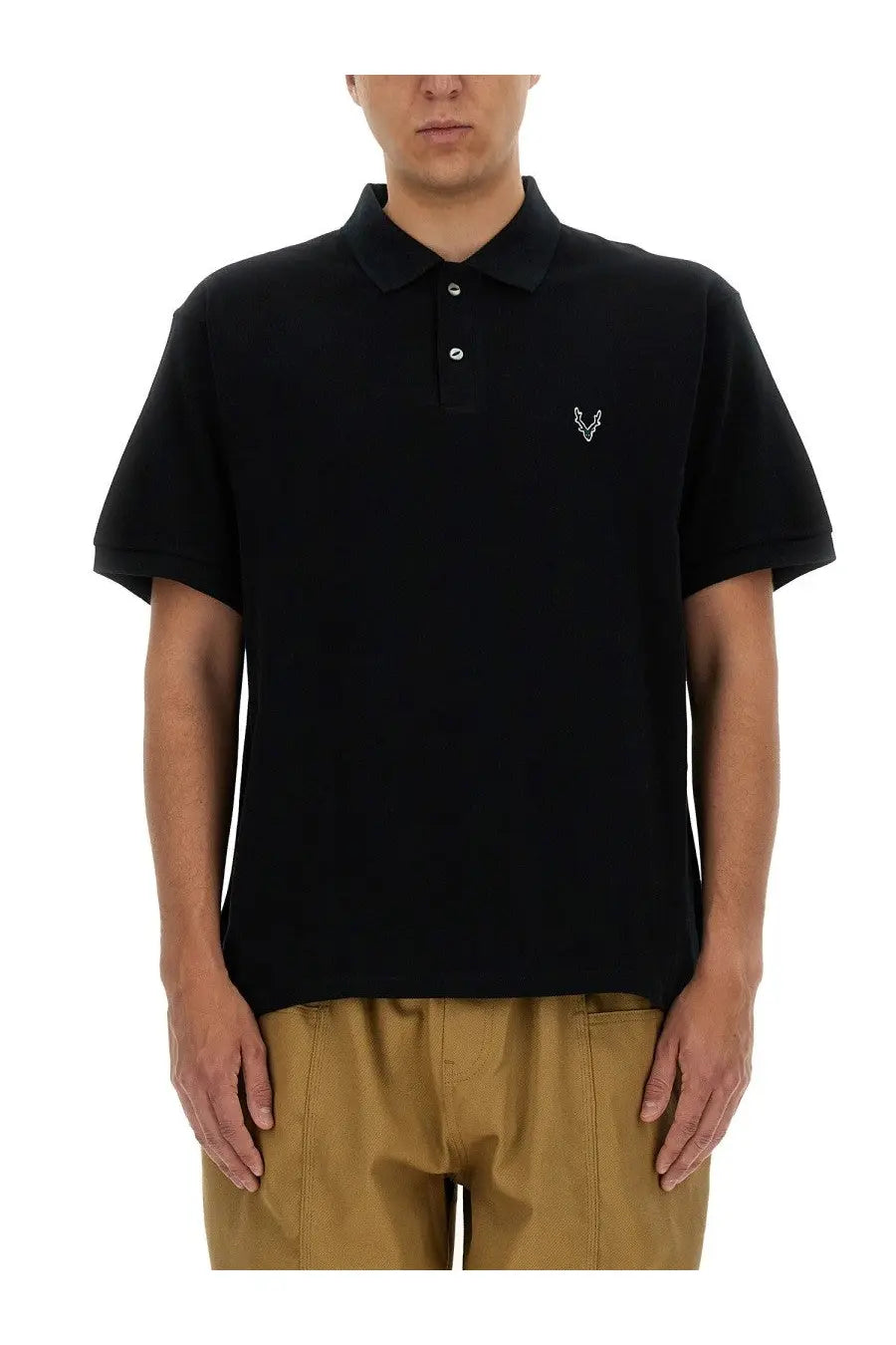 South2 West8 men’s black cotton polo shirt with short sleeves and subtle white embroidered logo on left chest