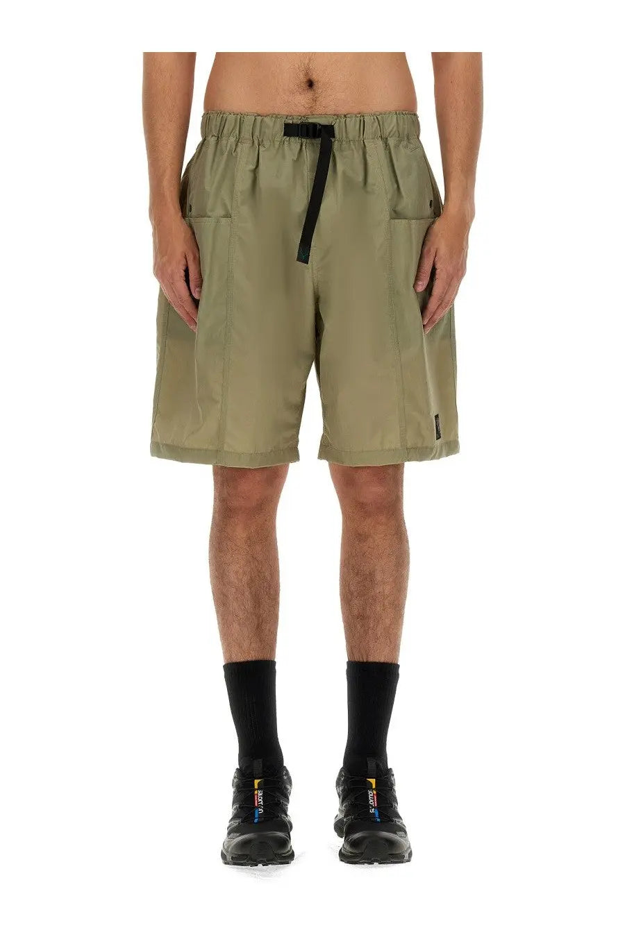 Olive green south2 west8 men’s nylon bermuda shorts with black drawstring waistband and side pockets