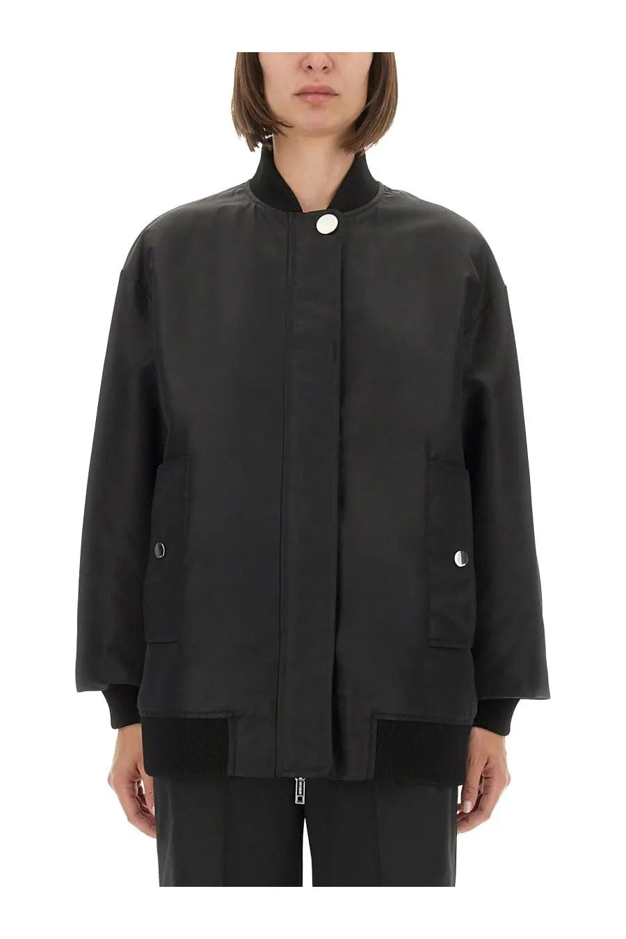 Sportmax women’s bomber agape black jacket with high collar silver button neck closure and snap pockets