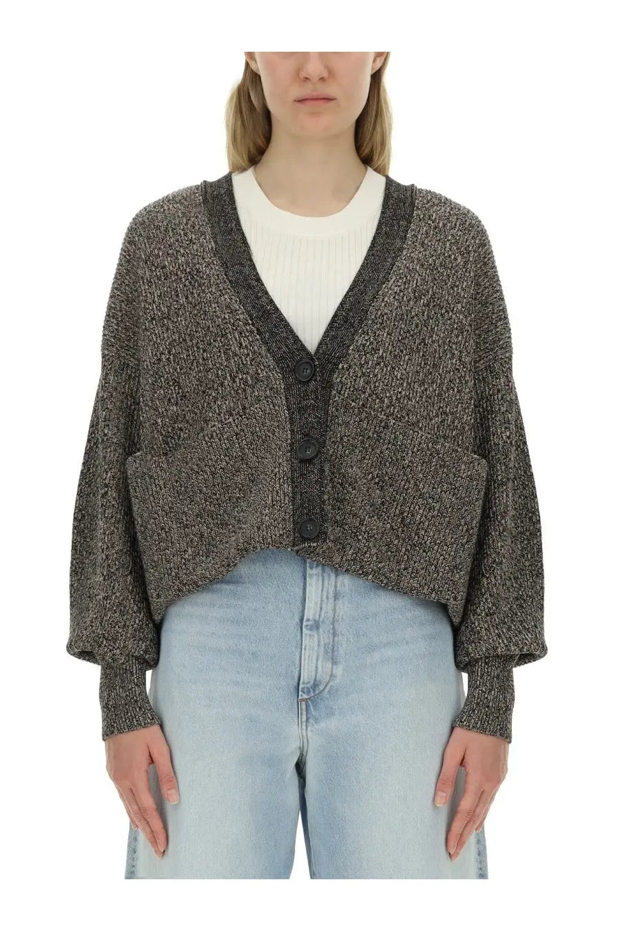 Sportmax women’s cardigan pool maxi grey textured heathered gray knit v-neck with black buttons