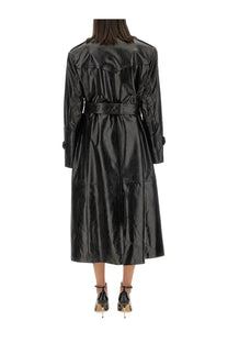 Sportmax women’s black patent leather trench coat with belted waist and structured shoulders