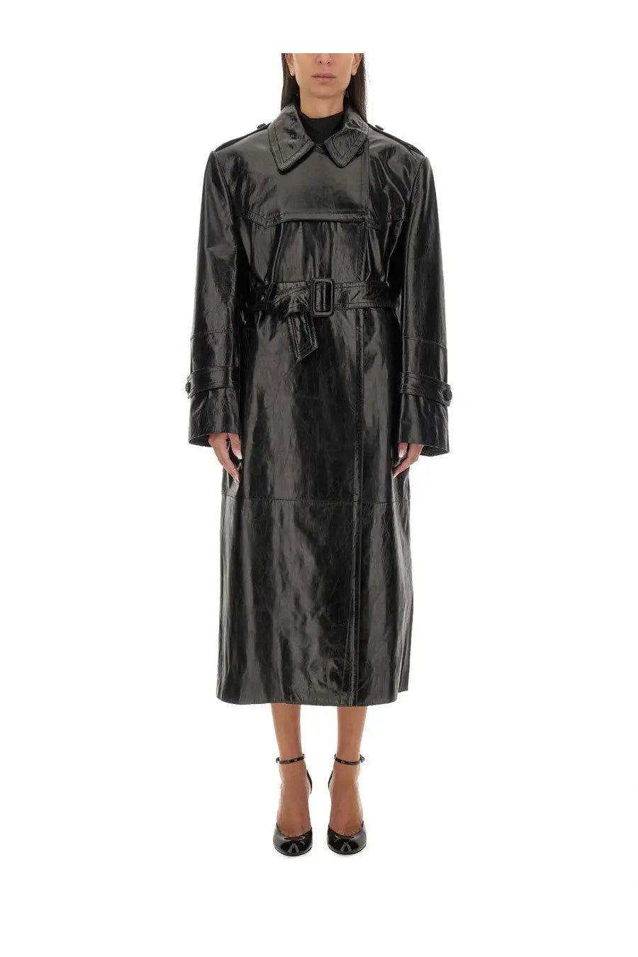 Sportmax women’s black patent leather trench coat with belted waist and classic collar front view