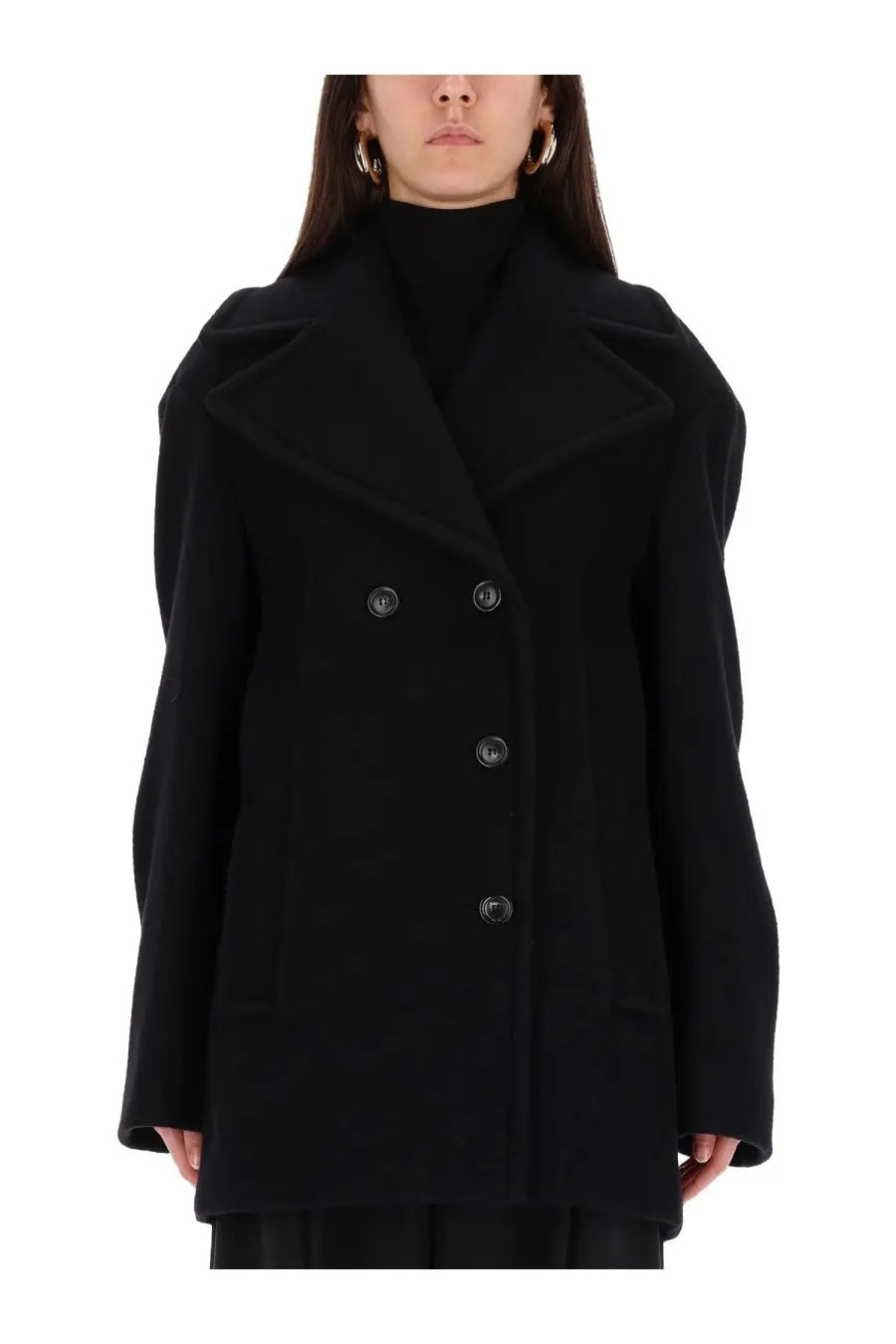 Sportmax women’s black double breasted wool coat with structured shoulders and dark buttons