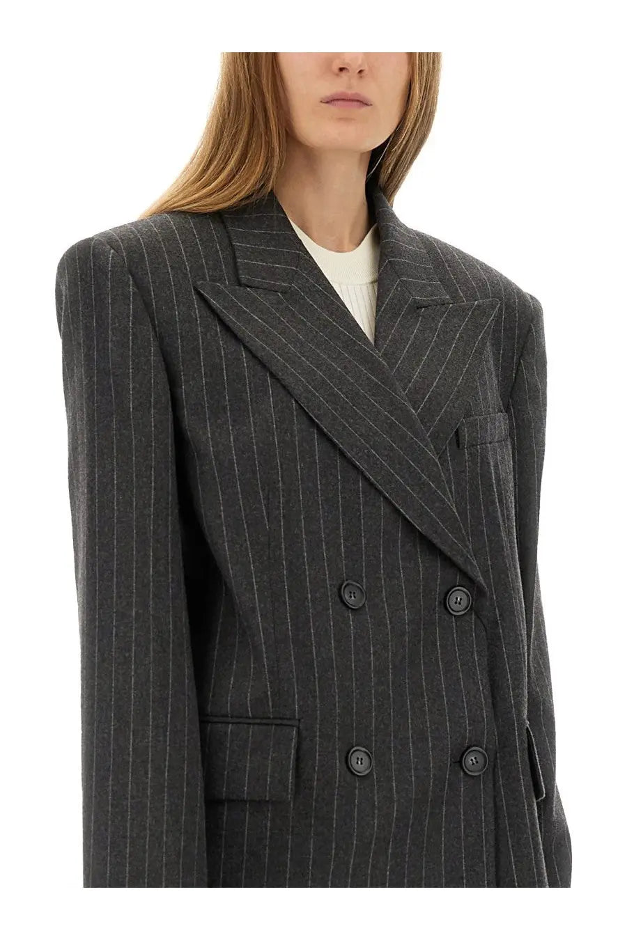 Sportmax women’s double breasted blazer in dark gray pinstripe with subtle vertical stripes and black buttons