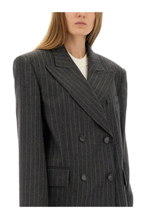 Sportmax women’s double breasted blazer in dark gray pinstripe with subtle vertical stripes and black buttons