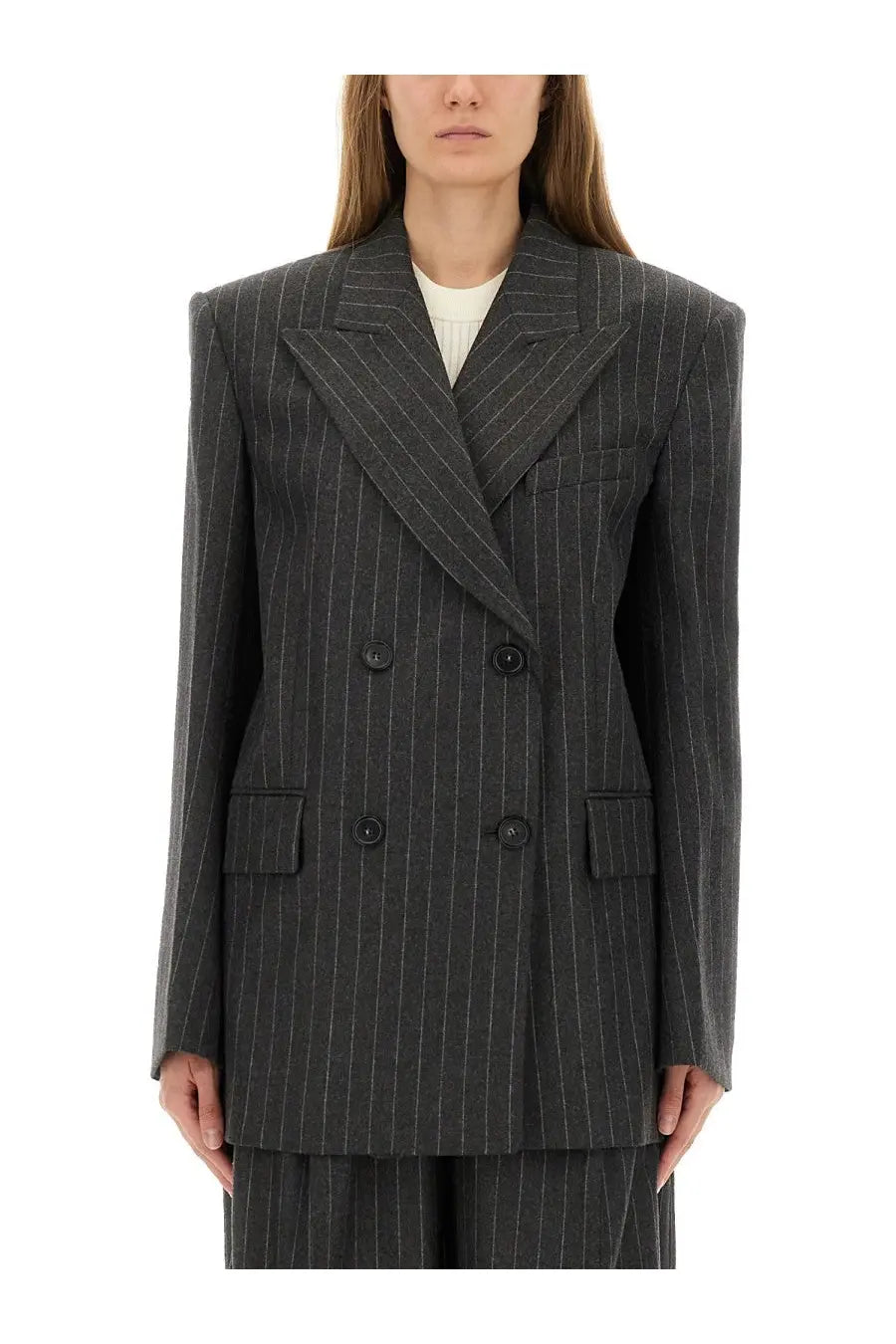 Sportmax women’s double breasted jacket belfordi123 grey dark gray pinstripe blazer with black buttons and structured shoulders