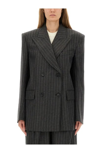Sportmax women’s double breasted jacket belfordi123 grey dark gray pinstripe blazer with black buttons and structured shoulders