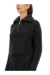 Sportmax women’s falcon shirt black black fuzzy cropped sweater with half-zip collar and silver zipper