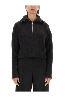 Sportmax women’s falcon shirt black fuzzy cropped sweater with high collar and silver zipper front detail