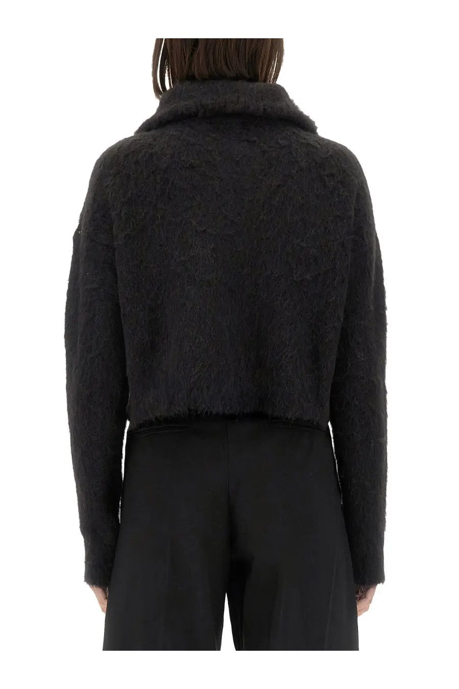Sportmax women’s falcon shirt black fuzzy cropped sweater with high collar and textured knit front view