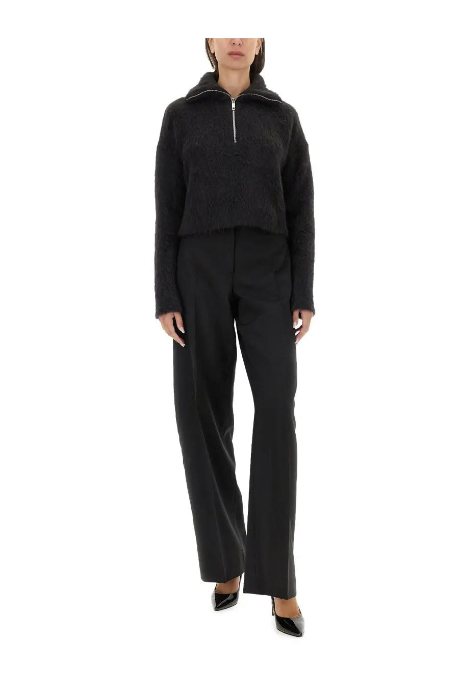 Sportmax women’s Falcon black half-zip knit sweater with plush collar made of textured fabric