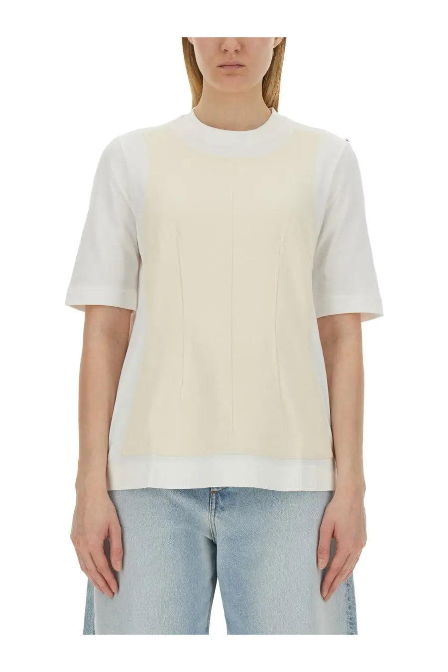 Sportmax women’s howl shirt white minimalist short-sleeved top with cream color-block design and lightweight fabric