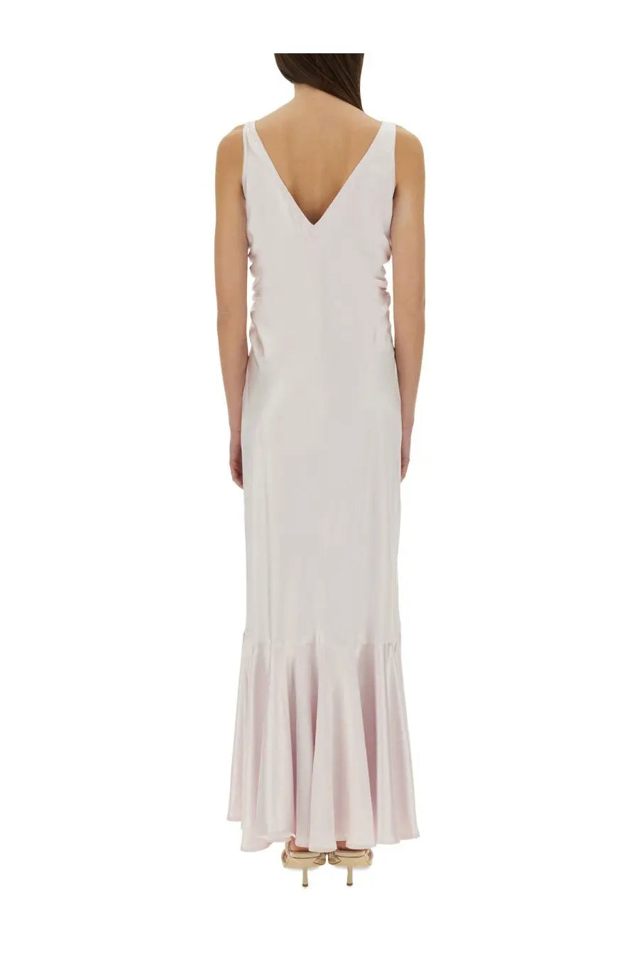 Soft blush-colored sleeveless maxi dress with deep v-back and flared hem from sportmax katia blue collection