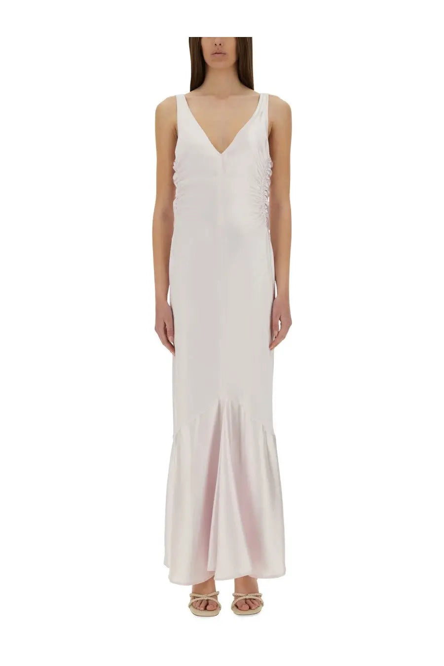 Sportmax women’s long dress katia blue flowing white satin maxi dress with v-neckline and ruched side detailing