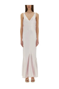 Sportmax women’s long dress katia blue flowing white satin maxi dress with v-neckline and ruched side detailing