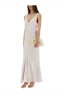 Sportmax women’s long white satin maxi dress with v-neckline and ruched side detailing Katia design