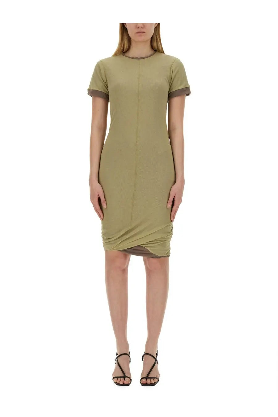 Sportmax women’s memo dress in olive green with short sleeves and dark gray trim at neckline and cuffs
