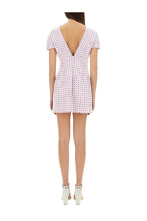Sportmax women’s light pink mini dress with intricate perforated pattern and deep v-back shown from the back side