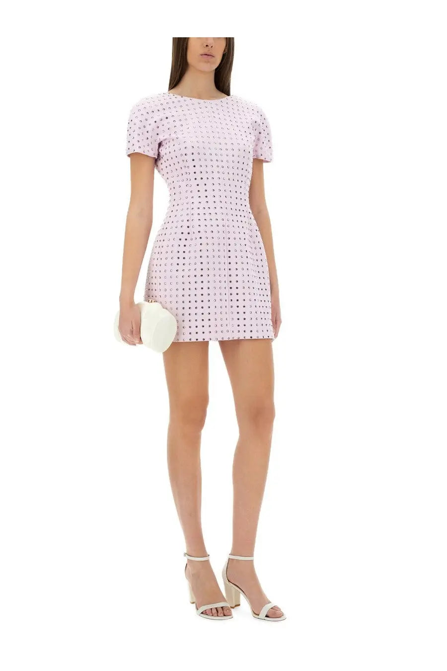Sportmax women’s mini dress in light pink with short sleeves and delicate perforated pattern