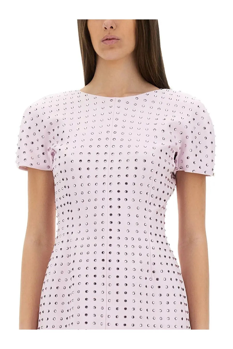 Sportmax women’s mini dress in light pink short sleeves with small black circular embellishments uniform pattern