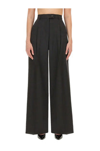 Sportmax women’s black high-waisted wide-leg pleated trousers with button closure in structured fabric