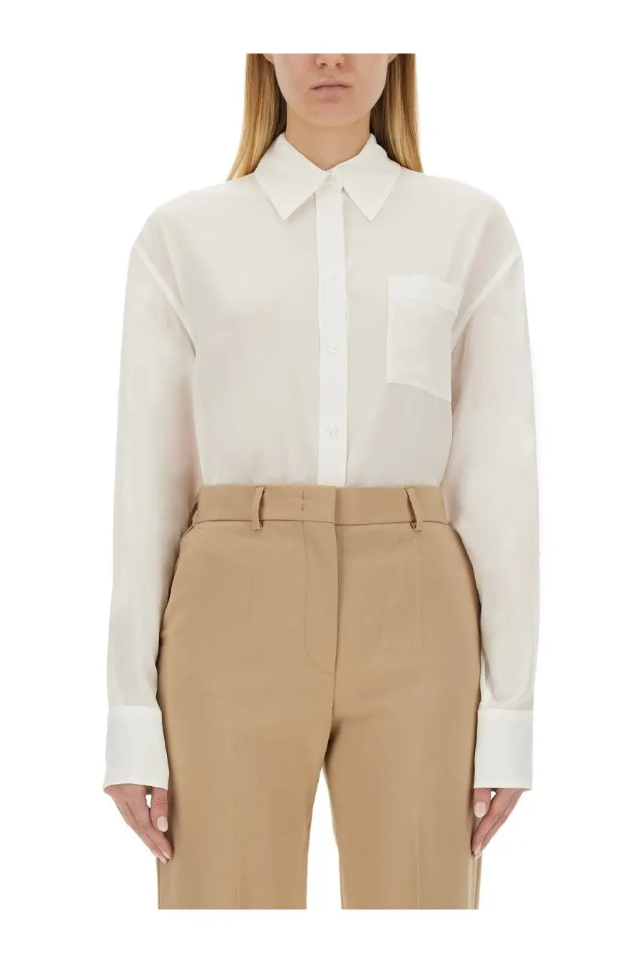 Sportmax women’s Rovigo shirt in white features a crisp long-sleeved button-down design with classic collar and chest pocket