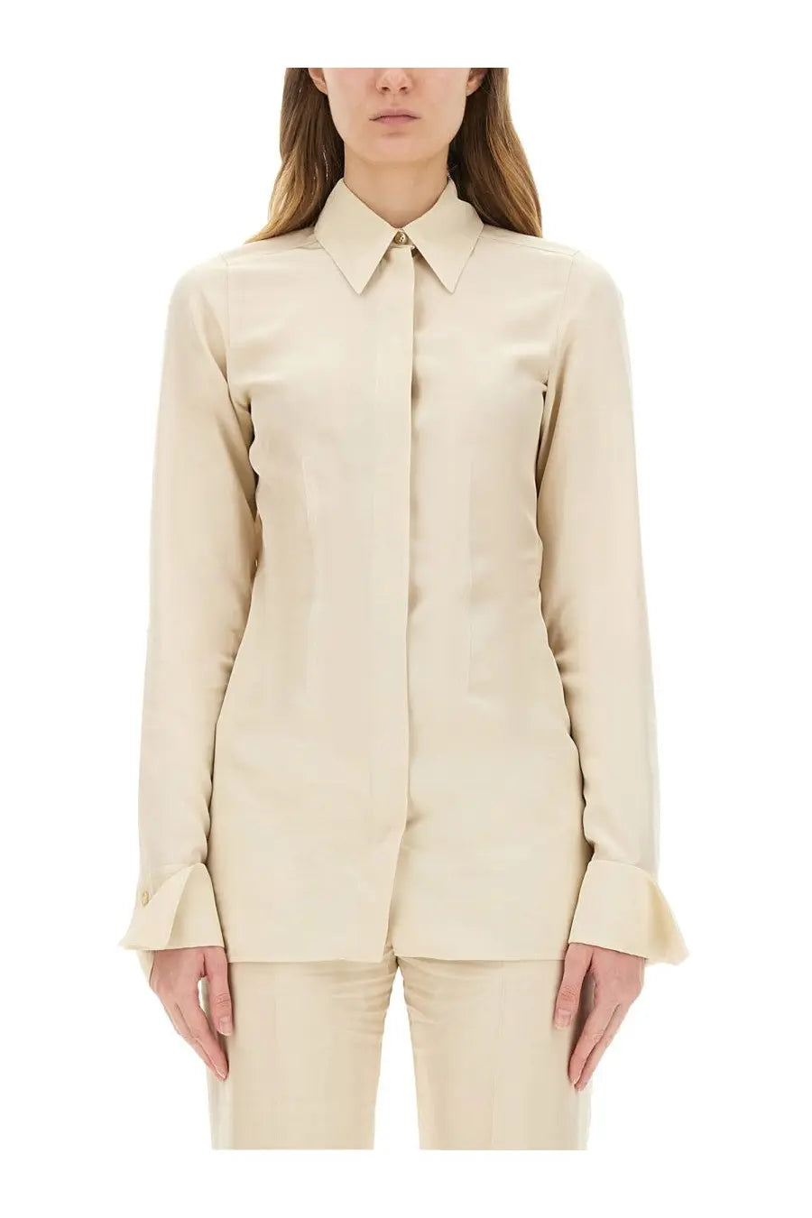 Sportmax women’s shirt theory12 beige cream satin blouse with classic collar and flared cuffs