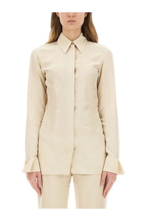 Sportmax women’s shirt theory12 beige cream satin blouse with classic collar and flared cuffs