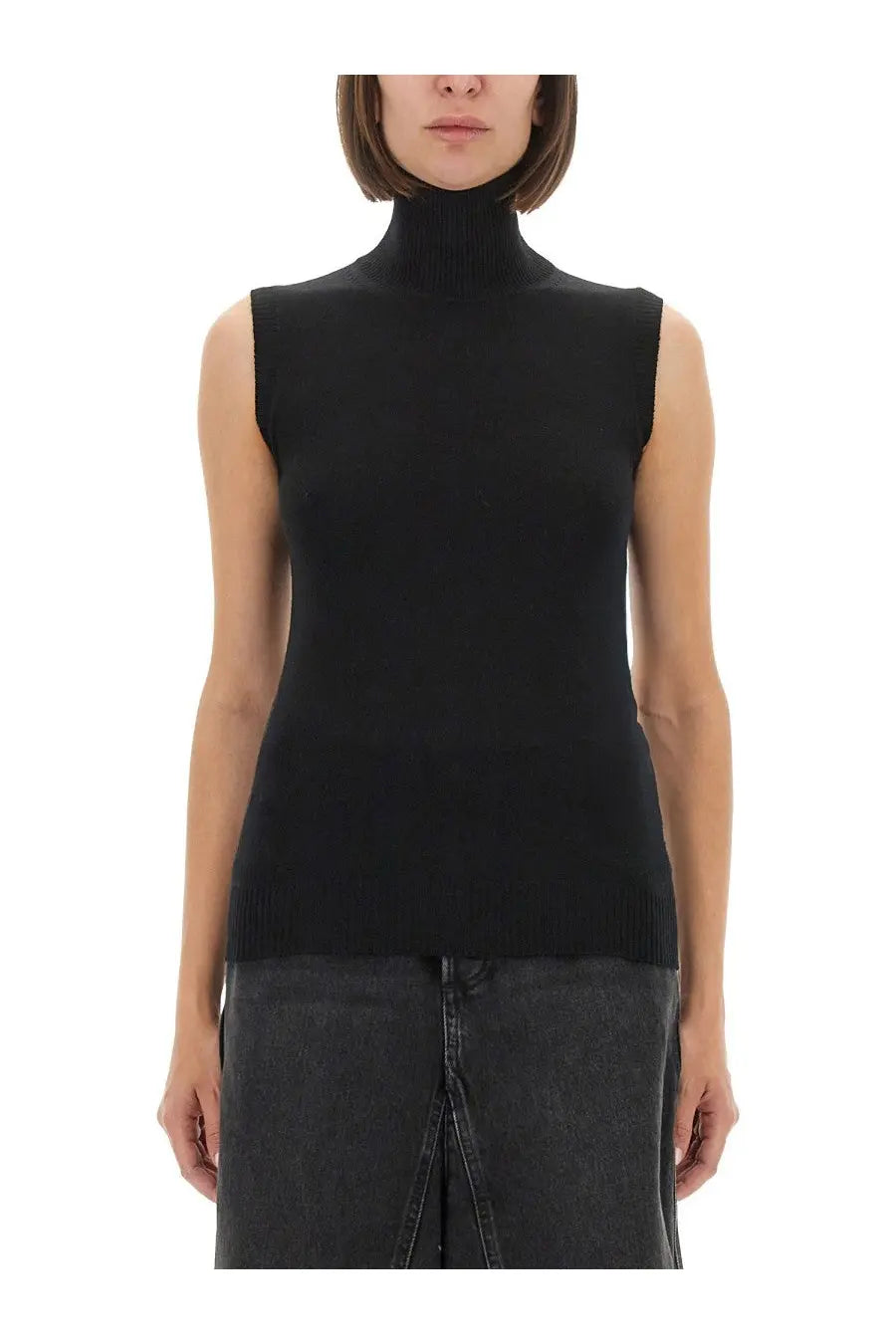 Sportmax women’s sleeveless black turtleneck knit top made of vertigo jersey fabric