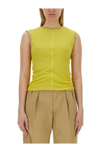 Sportmax women’s bright yellow sleeveless top with subtle ribbed texture and central front seam