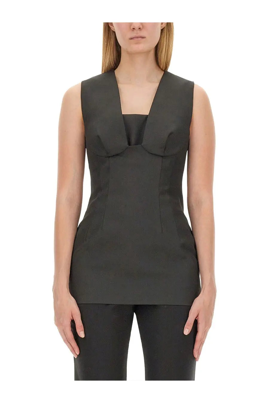 Sportmax women’s sleeveless black top with structured bodice and square neckline in Ghisa grey fabric