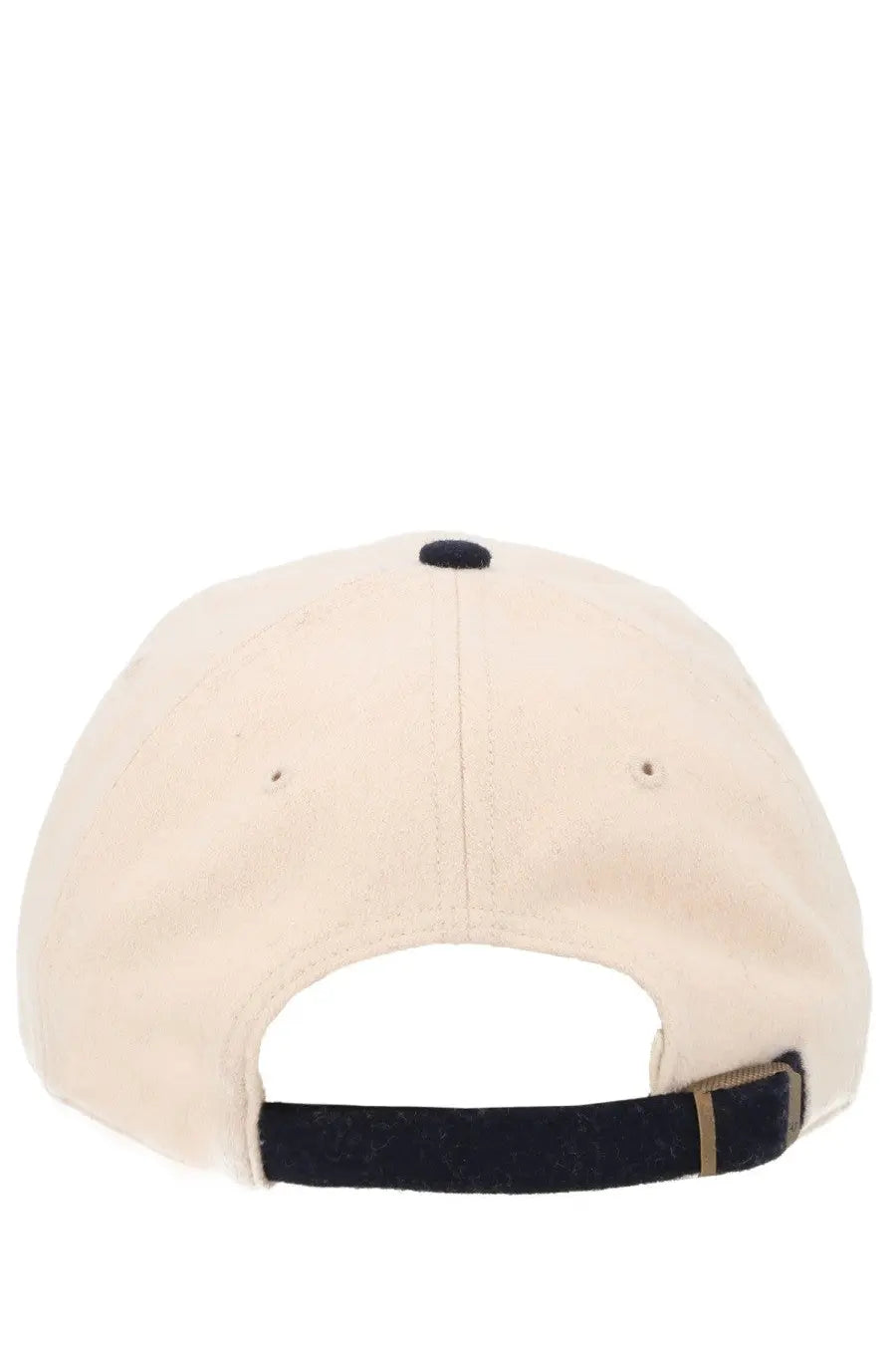 Cream-colored cotton sporty and rich unisex baseball hat showing back with black adjustable strap and button