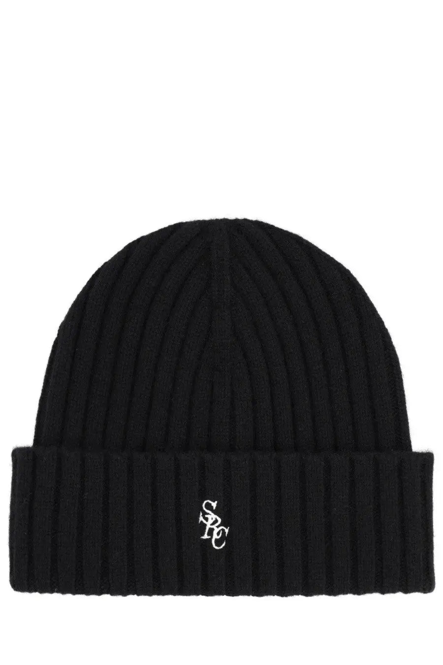 Sporty &amp; rich unisex black ribbed knit beanie with folded cuff and small white embroidered logo on the front