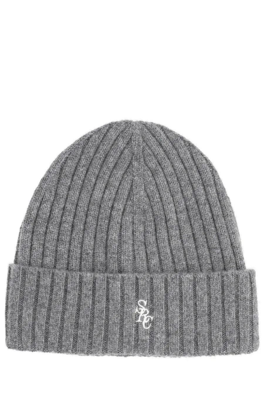 Gray ribbed knit beanie with folded cuff and white embroidered logo from Sporty &amp; Rich unisex cap collection