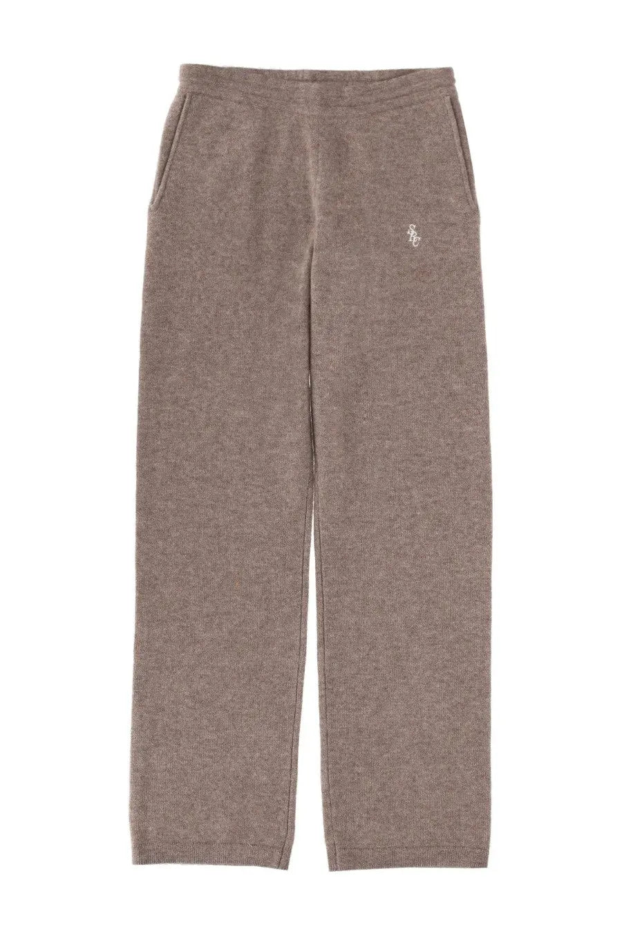 Beige heathered knit Sporty &amp; Rich unisex cashmere sweatpants with small embroidered logo on upper left thigh