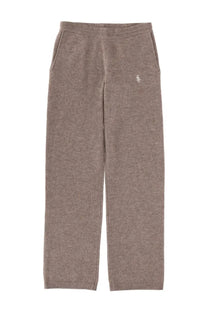 Beige heathered knit Sporty &amp; Rich unisex cashmere sweatpants with small embroidered logo on upper left thigh