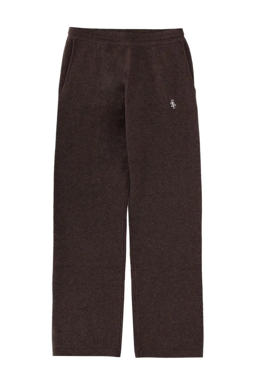 Sporty &amp; rich unisex cashmere pants in dark brown with soft fleece and small embroidered logo on upper left leg