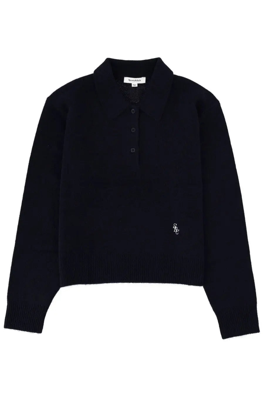 Black knit polo sweater with subtle embroidered logo on left chest from sporty and rich unisex cashmere polo shirt blue collection