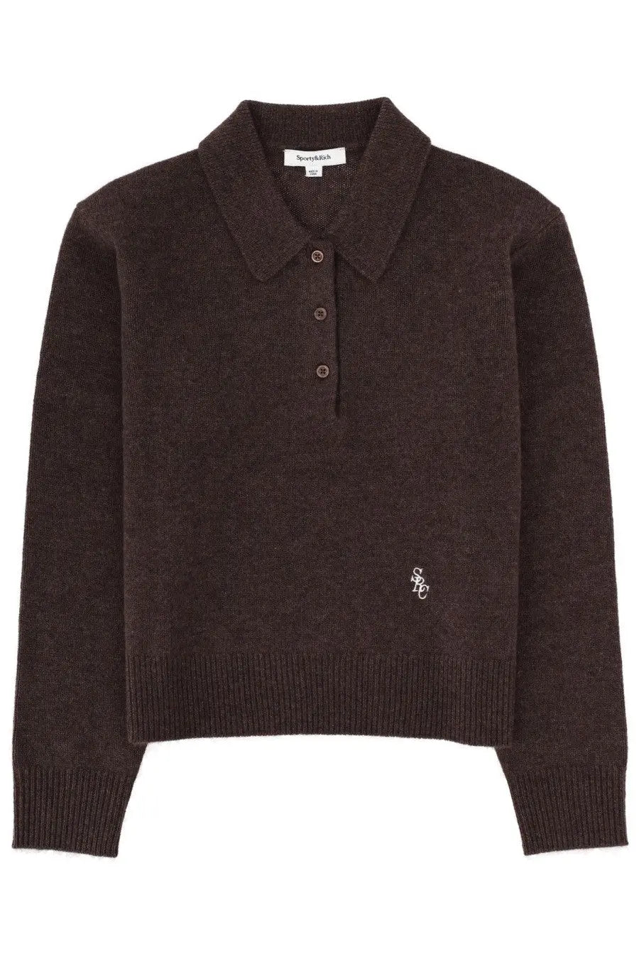 Sporty &amp; Rich unisex dark brown knitted cashmere polo sweater with ribbed collar cuffs four buttons and embroidered logo