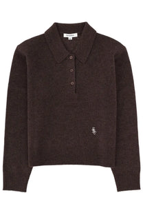 Sporty &amp; Rich unisex dark brown knitted cashmere polo sweater with ribbed collar cuffs four buttons and embroidered logo
