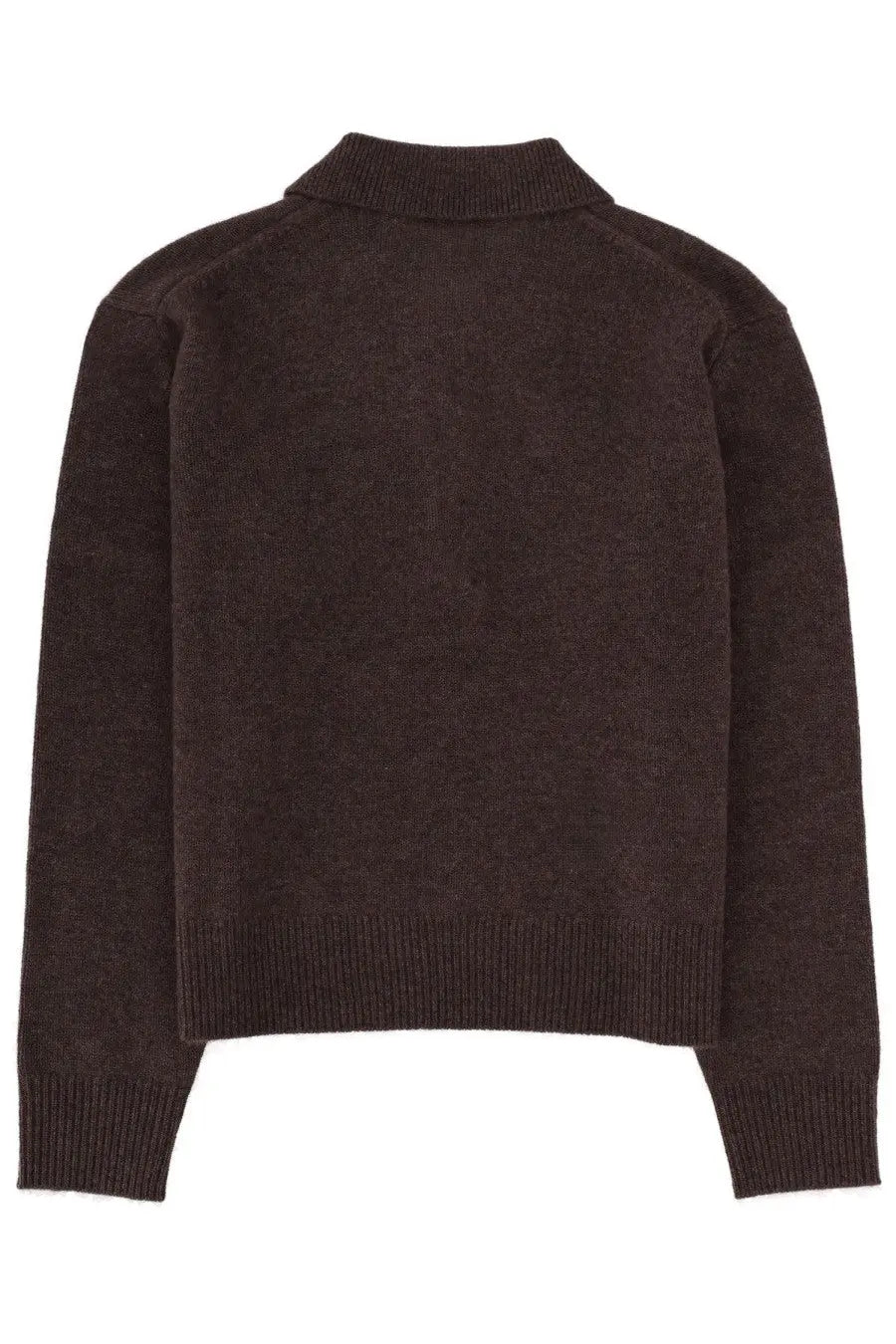Dark brown Sporty &amp; Rich unisex cashmere polo shirt with ribbed cuffs hem and classic crew neckline in knit fabric