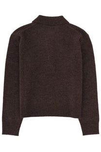 Dark brown Sporty &amp; Rich unisex cashmere polo shirt with ribbed cuffs hem and classic crew neckline in knit fabric