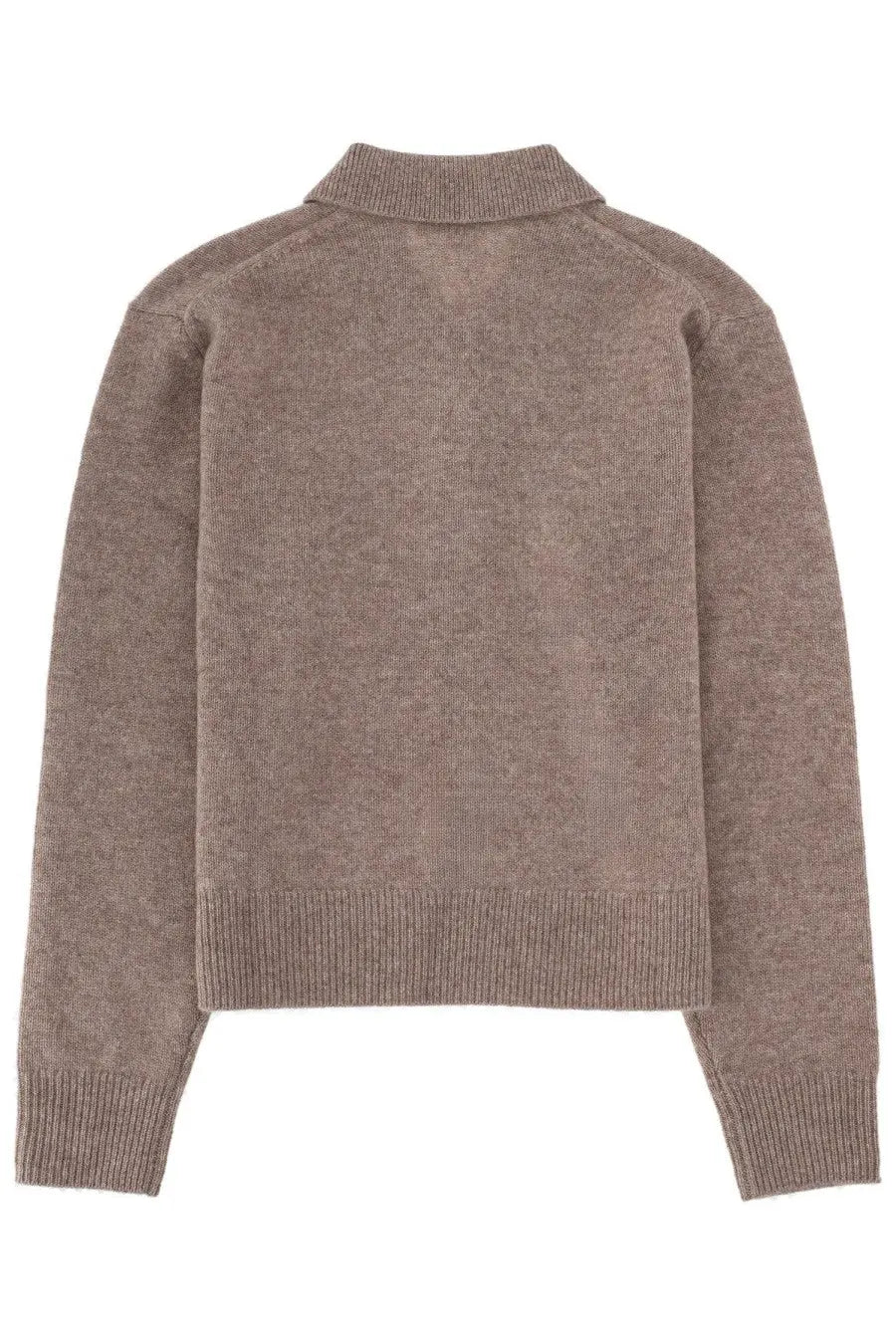 Sporty &amp; rich unisex cashmere polo shirt in brown with a soft heathered taupe knit and ribbed collar and cuffs
